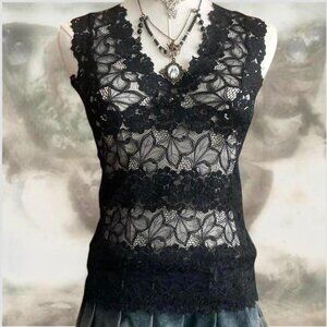 Black Sheer Lace Floral V-Neck Top – Fits Like L/XL